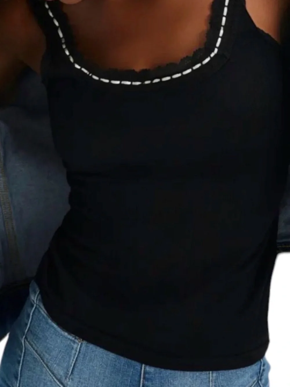Free People Black Lace-Trim Ribbed Tank